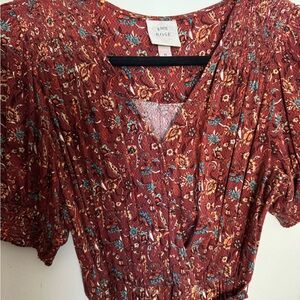 Target Knox Rose Burnt Orange Floral Blouse with Teal Accents